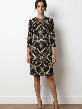 J. McLaughlin Sophia Dress Size S  Black Gold 3/4 Sleeve Catalina Cloth